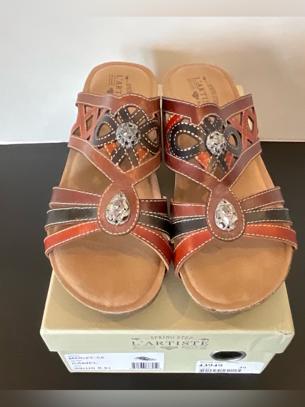 L'ATISTE Brown Camel Marley Sz 39 Slide Wedge Sandals with Jeweled Accents NEW